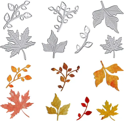 Vista 6 de Troqueles de corte de metal de hojas de otoño y primavera para hacer tarjetas, Acción de Gracias, hojas de otoño y árboles, tallos y plantillas