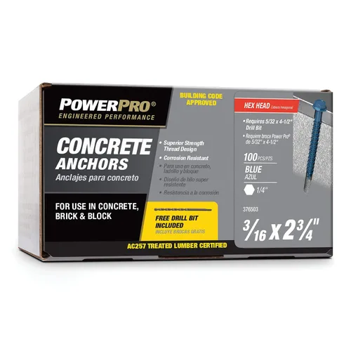 Vista 11 de Power Pro Anclajes de tornillo de hormigón con cabeza hexagonal azul (1/4" x 1-3/4") - 100 piezas
