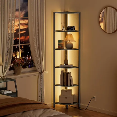 Vista 3 de Furnulem Estante esquinero de 6 niveles con luz LED, organizador de estante de pie de 67.5 pulgadas de alto, estantería estrecha negra con estante