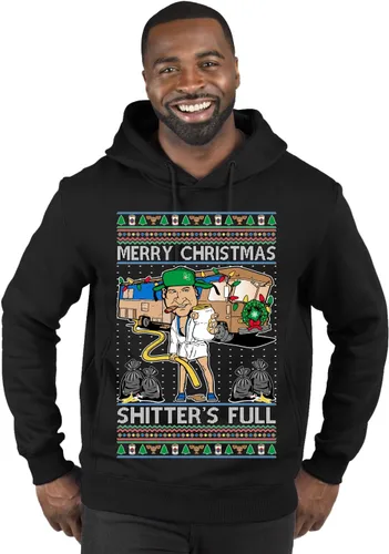 Vista 33 de Wild Bobby Sudadera con gráfico de cuello redondo con texto en inglés "Merry Christmas Shitter's Full Funny Ugly Christmas" Negro (black Hoodie)