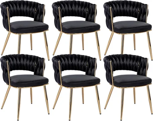 Vista 22 de Juego de 2 sillas de comedor tejidas, modernas sillas de comedor tejidas a mano con patas de metal negro, sillas tapizadas con marco negro