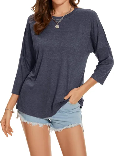 Vista 15 de ZENNILO Camisetas casuales de manga 3/4 para mujer, holgadas, cuello redondo, lindas camisetas básicas