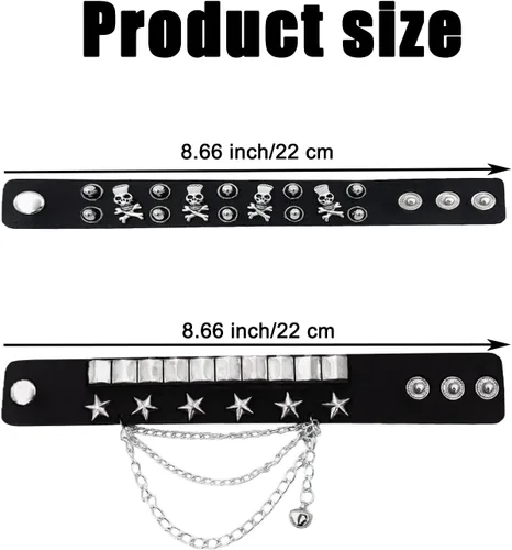 Vista 3 de Juego de 2 pulseras de cadena con tachuelas góticas, punk, calavera, estrella, remache, brazalete de los años 80, Emo Goth Punk Rock, accesorios
