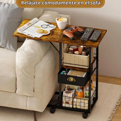 Vista 8 de Mesa de centro rodante con parte superior de madera doble ancha de gran tamaño, bandeja de TV móvil con cajón de almacenamiento y ruedas para sofá