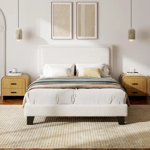 Vista 3 de Base de cama Queen con cabecera ajustable, cama plataforma Boucle Cloud con listones de madera, base de colchón, no necesita somier, fácil montaje