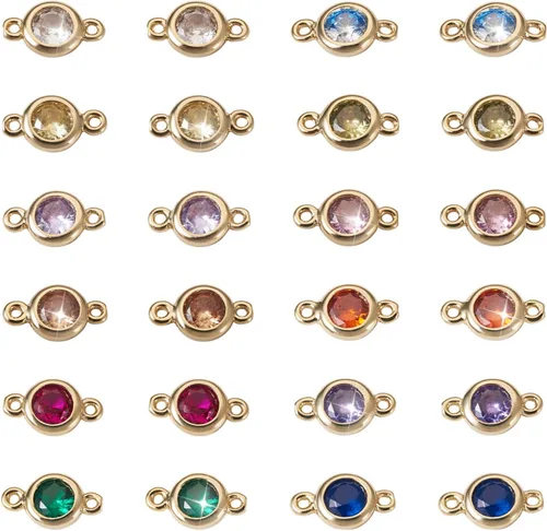 Vista 8 de Cheriswelry 48 piezas de 15 mm de cuentas planas redondas de aleación de metal de cañón con cristal de strass, cuentas de piedra natal coloridas, 3