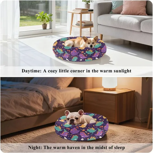 Vista 4 de Pet Dog Bed Calming Anti Anxiety Fluffy Cat Cave Bed for Extra Small Size Pets Sleeping XS Cute Dinosaur Cartoon Halloween Witch Spiders Web