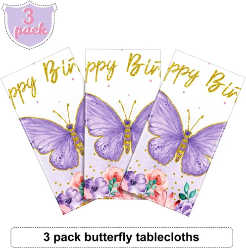 Vista 4 de Tegeme Mantel rectangular con diseño de mariposas y feliz cumpleaños, decoración de fiesta de mariposa, mantel de plástico con temática de primavera