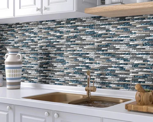 Vista 5 de Azulejos de pared lineales de vidrio, azulejos de mosaico blanco y verde azulado para cocina, baño, protector contra salpicaduras [juego de 5]