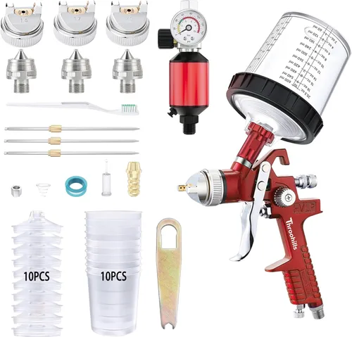 Vista 8 de HVLP - Pistola pulverizadora de pintura automotriz, pulverizador de pintura de aire de 0.05/0.06 pulgadas con regulador de aire, 6 coladores