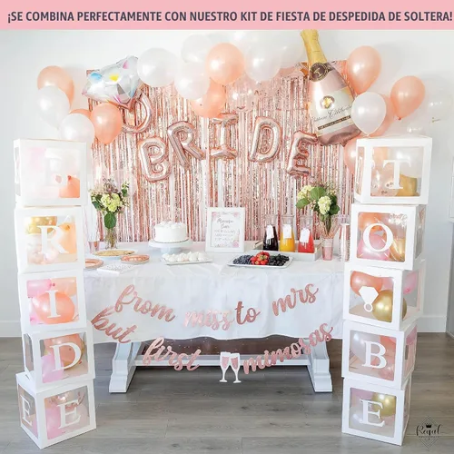 Vista 5 de 96 cajas de globos de decoración de despedida de soltera de color blanco, bloque transparente con BRIDE TO BE + GROOM + letras A - Z y 40 globos