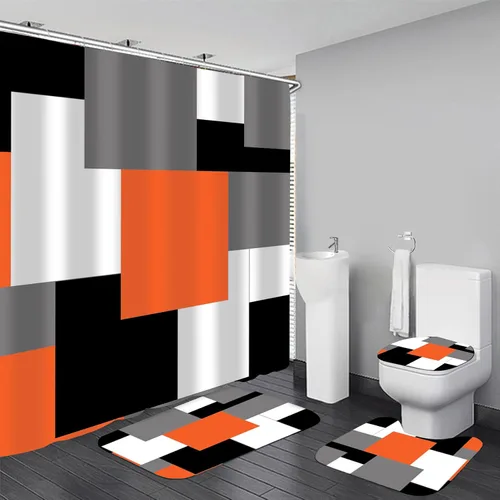 Vista 12 de Yizheer - Juego de cortina de ducha de 4 piezas con diseño geométrico y de color azul, moderno, para el baño, con 12 ganchos, tapete para la bañera
