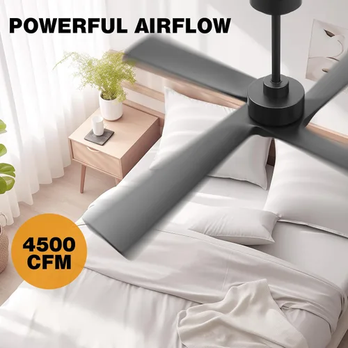 Vista 7 de WINGBO Ventilador de techo CC de 48 pulgadas sin luces, 4 aspas de madera maciza tallada, motor CC reversible de 6 velocidades, ventilador de techo