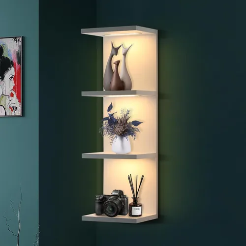 Vista 8 de VIWODS Estante de pared de 4 niveles con luces LED, estante flotante para decoración del hogar, estante vertical montado en la pared