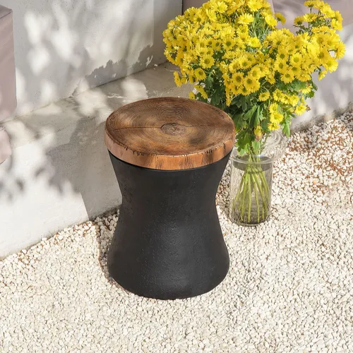 Vista 6 de COSIEST Mesa auxiliar para exteriores, mesa auxiliar de tambor, parte superior de madera sintética, base negra con tronco de árbol pintada a mano