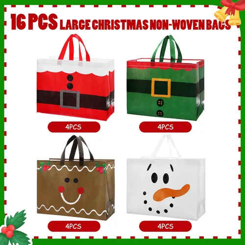 Vista 4 de Hosuly 16 piezas 17" Bolsas de regalo grandes de Navidad con asas Bolsas de compras reutilizables Bolsa de compras no tejida reutilizable