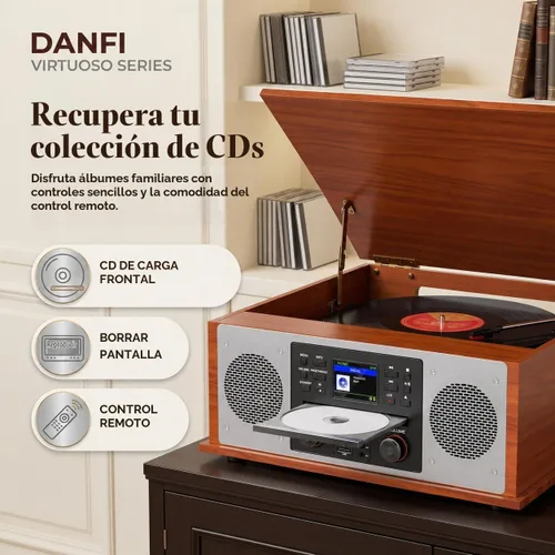Vista 3 de Tocadiscos Bluetooth retro 10 en 1 con altavoces estéreo, tocadiscos de vinilo de 3 velocidades, reproductor de CD, reproducción y grabación USB/SD
