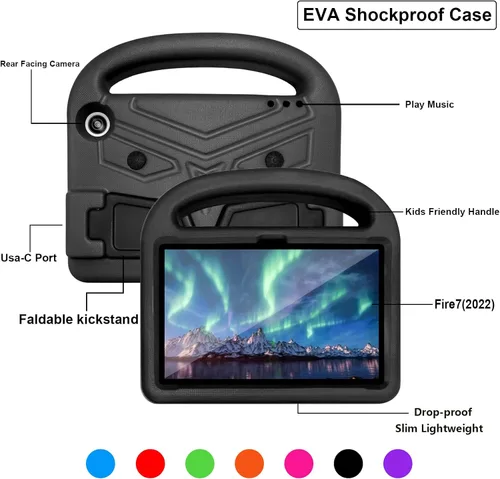 Vista 3 de Funda para tablet Kindle Fire 7 para niños (12.ª generación, versión 2022) con mango de pie de apoyo de forraje resistente, espuma EVA suave, a
