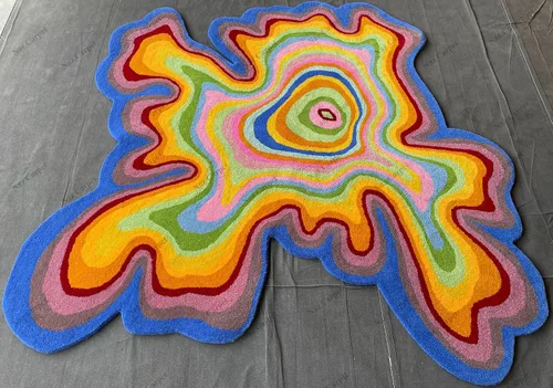 Vista 9 de Alfombra de forma irregular con patrón de ilusión copetuda a mano, 100% lana, hecha a mano (color multicolor, 4 x 4 pies)