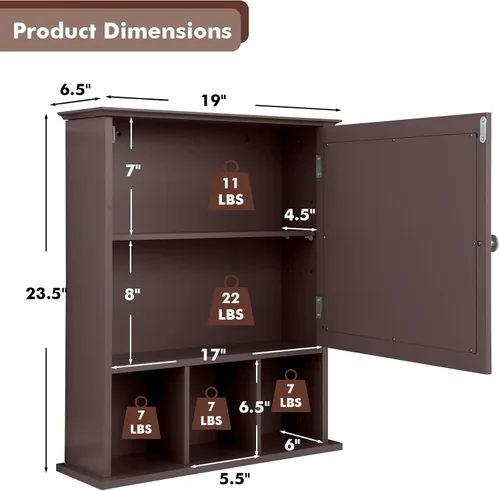 Vista 3 de Tangkula Armario de baño montado en la pared, organizador de almacenamiento 2 en 1 con puerta de espejo, botiquín montado en la pared con estante