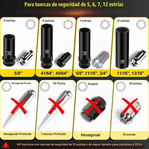 Vista 2 de Topec Juego de 8 llaves de tuerca de llanta estriada 5, 6, 7, 12 llaves de tuerca de bloqueo de estrías, kit de extracción universal de bloqueo