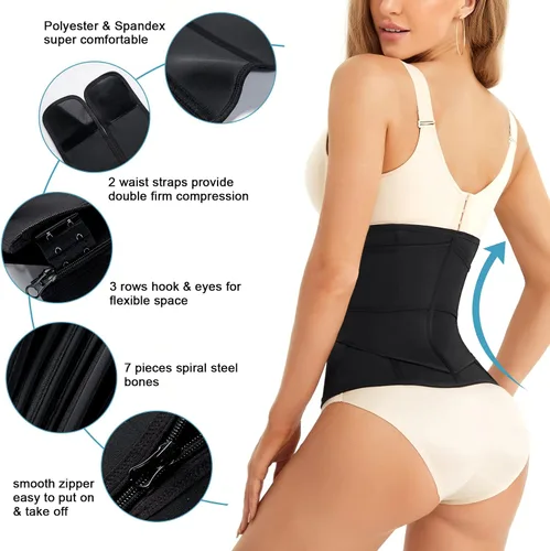 Vista 2 de WANFISTO Entrenador de cintura para mujer, corsé de cintura 2 en 1, faja moldeadora de cuerpo de reloj de arena, Negro