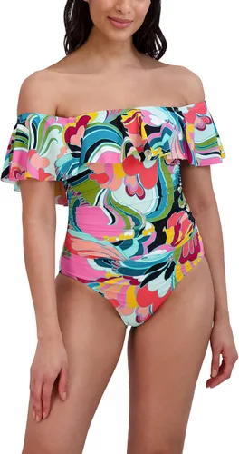 Vista 2 de BCBGMAXAZRIA Traje de baño estándar de una pieza para mujer, con hombros descubiertos, control de abdomen, de secado rápido