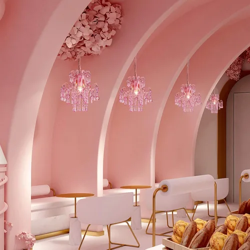 Vista 7 de Q&S Mini Lámpara de Araña de Cristal, Lámpara de Araña Rosa Moderna, Pequeña Lámpara Colgante para Habitación de Princesa, Vestidor, Baño, Tienda