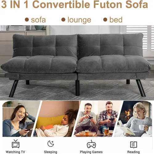 Vista 4 de Sofá cama futón, sofá futón plegable convertible, sofá pequeño transpirable para estudio compacto en sala de estar y dormitorio, oficinas, sofá Gris