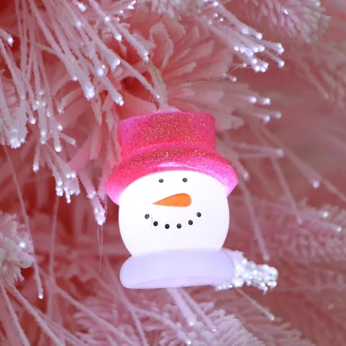Vista 4 de Árbol de Navidad de fibra óptica rosa preiluminado, decorado con muñeco de nieve y bolas de Navidad (3 pies)
