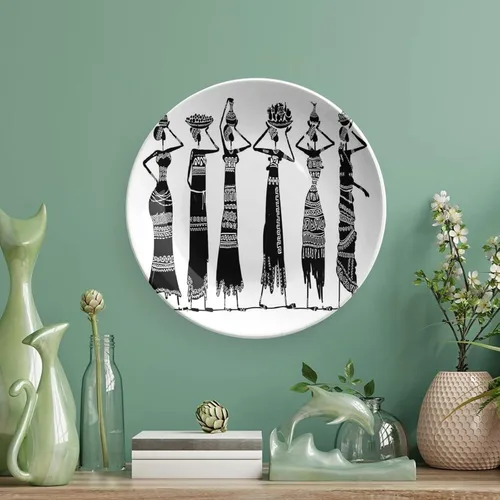 Vista 5 de Plato decorativo de 6 pulgadas, plato de vajilla de mujer africana, boceto de mujeres locales con jarras de cerámica con estampado tribal