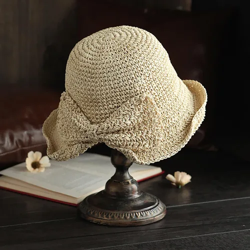 Vista 3 de Sombrero plegable de ala ancha con pajilla, sombrero de verano con lazo para mujeres y niñas, correa ajustable