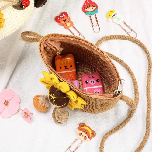 Vista 4 de Weewooday 5 piezas de bolsos de paja para niñas pequeñas, bolsa cruzada de paja de girasol de Pascua, lindo bolso tejido para actividades al aire