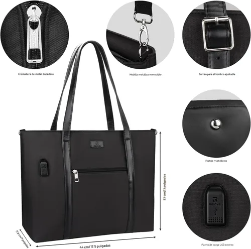 Vista 5 de Bolsa de mano para laptop de 15.6 pulgadas, maletín tipo bolsa de tamaño grande con puerto USB para mujer