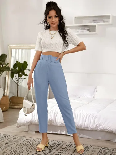 Vista 5 de MakeMeChic Pantalones cónicos de cintura alta con cinturón y bolsillos para mujer