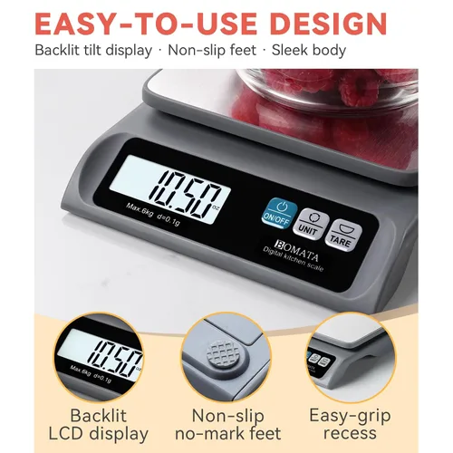 Vista 4 de BOMATA Báscula de alimentos de 0.00 oz/ 13 libras, báscula digital de cocina con bandeja de acero inoxidable extraíble, pantalla LCD retroiluminada