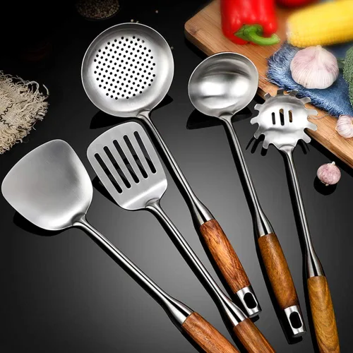 Vista 5 de 6 utensilios de cocina de acero inoxidable – Juego de herramientas de cocina con mango Hua Limu resistente al calor con cuchara ranurada, servidor