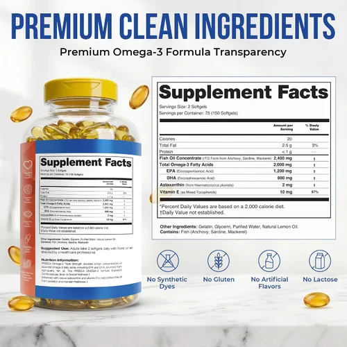 Vista 6 de Triple Strength Omega 3 Aceite de Pescado 2400mg w/Astaxantina 150 Cápsulas Blandas