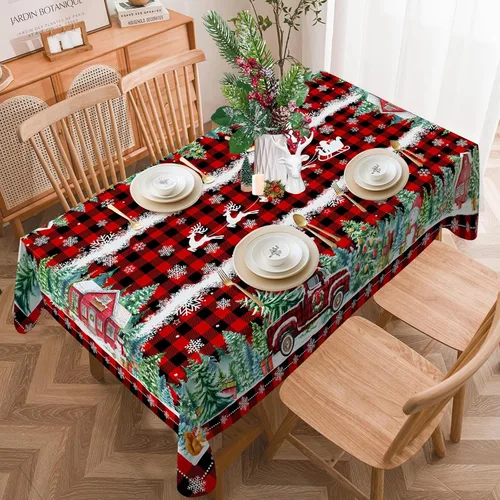 Vista 3 de Mantel cuadrado de Navidad 52x52 pulgadas - Rojo camión de Navidad, decoración de fiesta para el hogar - Mantel rectangular de Navidad a cuadros