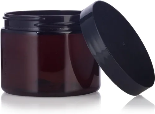 Vista 6 de Paquete de 6 tarros de plástico PET ámbar de perfil bajo con tapas negras de 6 onzas