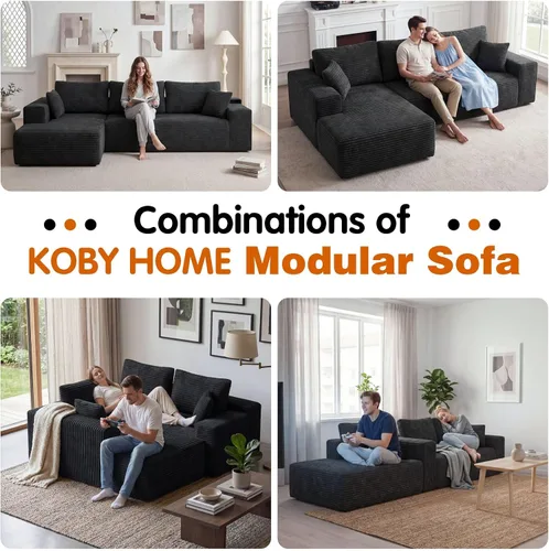 Vista 3 de Sofá seccional Cloud de 104 pulgadas con diván en forma de L, moderno sofá modular seccional de pana, sofás sin hueso para sala de estar y Negro