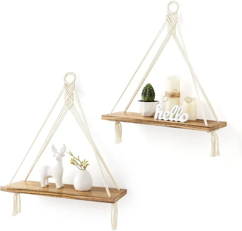 Vista 6 de Mkono - Juego de 2 estantes colgantes de macramé estilo bohemio para decoración de pared, estantes flotantes de madera rústica para almacenamiento