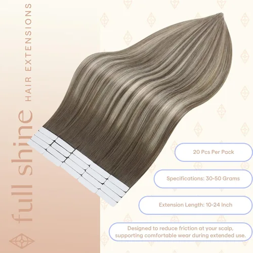 Vista 101 de Full Shine - Extensiones de cabello humano con cinta, mezcla de rubio hongo # 8 castaño ceniza resaltado 60 rubio ceniza