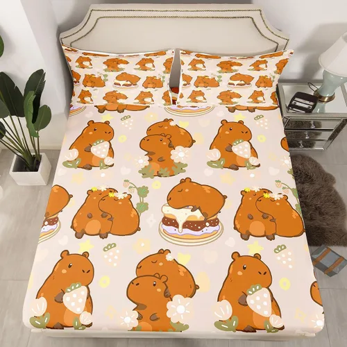 Vista 10 de Capybara - Sábana bajera ajustable tamaño individual, sábanas florales kawaii, diseño de animales rosados, dibujos animados, vida silvestre, roedor