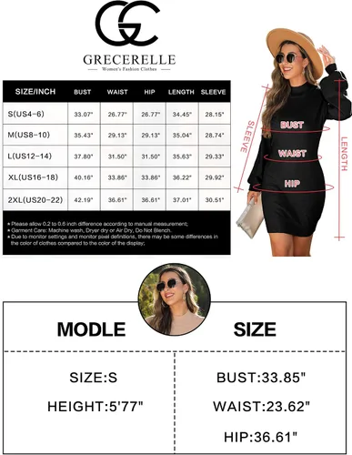 Vista 7 de GRECERELLE Mini vestido de suéter ajustado de manga larga con cuello alto falso para mujer
