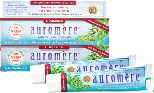 Vista 7 de Auromere Pasta dental ayurvédica de hierbas, canela, vegano, natural, sin OMG, sin fluoruro, sin gluten, con neem y peelu (3.57 onzas), 1 paquete