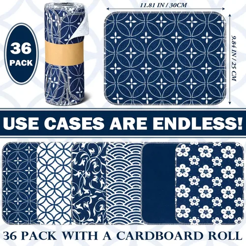 Vista 5 de Paquete de 36 paños de cocina japoneses reutilizables, trapos de limpieza lavables de algodón para el hogar (Azul)