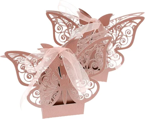 Vista 9 de Auto-plaza 50 cajas de regalo de mariposa cortadas con láser, cajas de dulces con cintas (beige)