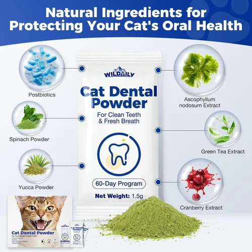 Vista 2 de Polvo dental para gatos, refresca el aliento, elimina la placa y el sarro, previene enfermedades de las encías, ingredientes totalmente naturales