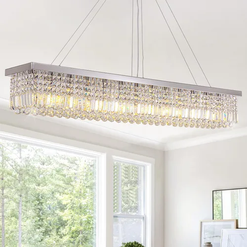 Vista 24 de Candelabros Modernos de Cristal para Lámpara de Comedor, Candelabro de Techo Rectangular Dorado de 6 Luces para Isla de Cocina y Sala de Estar